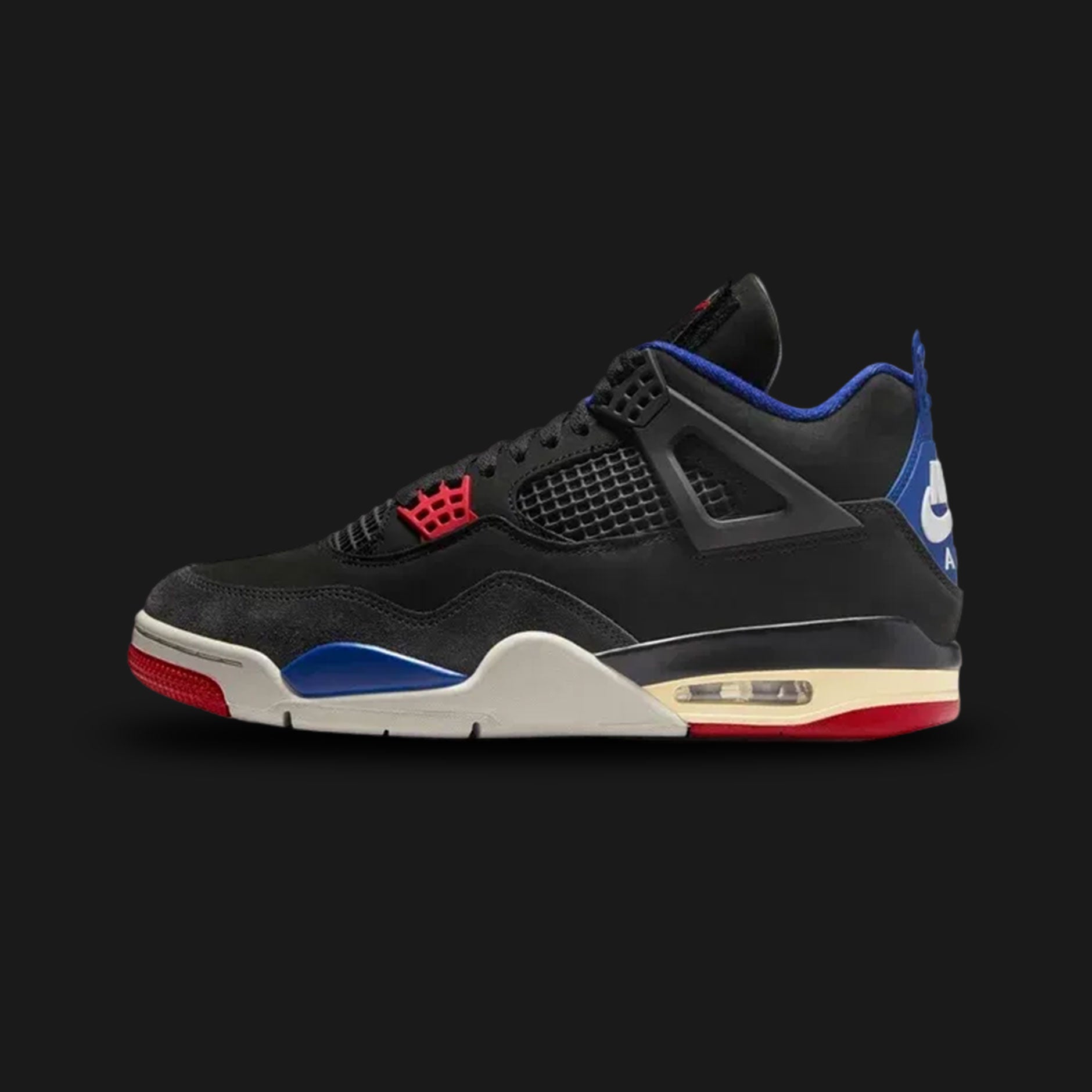 Air Jordan 4 Retro "Rare Air" shoes in Black, Deep Royal Blue, and Dark Smoke Grey (Design Code: FV5029-003). Featuring a premium black nubuck upper with the signature removable Velcro tongue patch revealing "Rare Air" branding. Finished with iconic "Nike Air" logos on the heel and vibrant Fire Red and Deep Royal Blue accents. Luxuntique offers 100% authentic limited edition Air Jordan 4 sneakers at the lowest price in Sri Lanka.