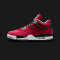 Air Jordan 4 Retro Toro Bravo in Fire Red, Black, Cement Grey, and White (FQ8138-600). Features a striking premium Fire Red nubuck upper with classic black breathable mesh quarter panels and signature structural lace wings. Includes a Cement Grey midsole with a visible Air-Sole cushioning unit and a robust rubber outsole. Luxuntique offers 100% authentic Jordan Brand footwear in Sri Lanka.