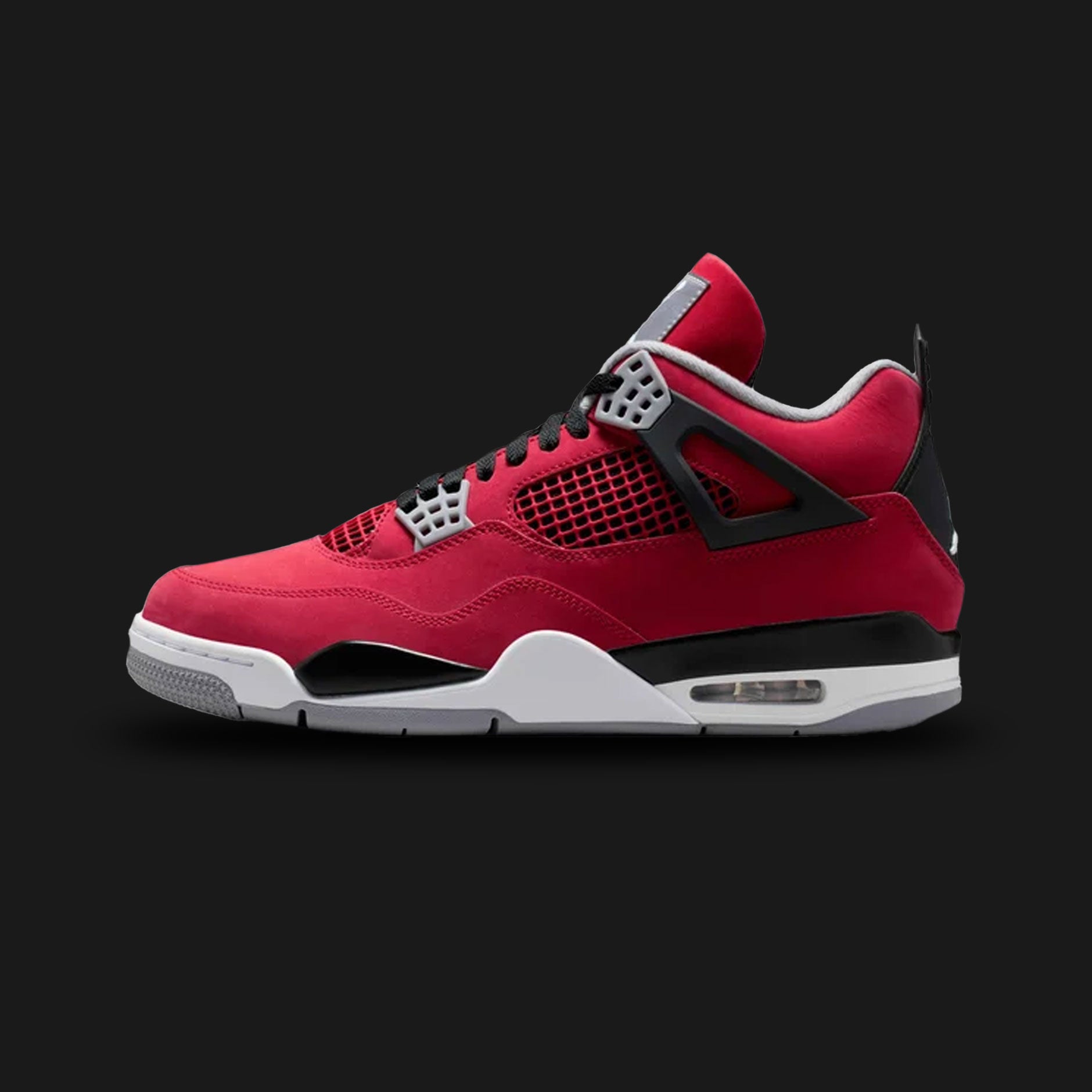 Air Jordan 4 Retro Toro Bravo in Fire Red, Black, Cement Grey, and White (FQ8138-600). Features a striking premium Fire Red nubuck upper with classic black breathable mesh quarter panels and signature structural lace wings. Includes a Cement Grey midsole with a visible Air-Sole cushioning unit and a robust rubber outsole. Luxuntique offers 100% authentic Jordan Brand footwear in Sri Lanka.