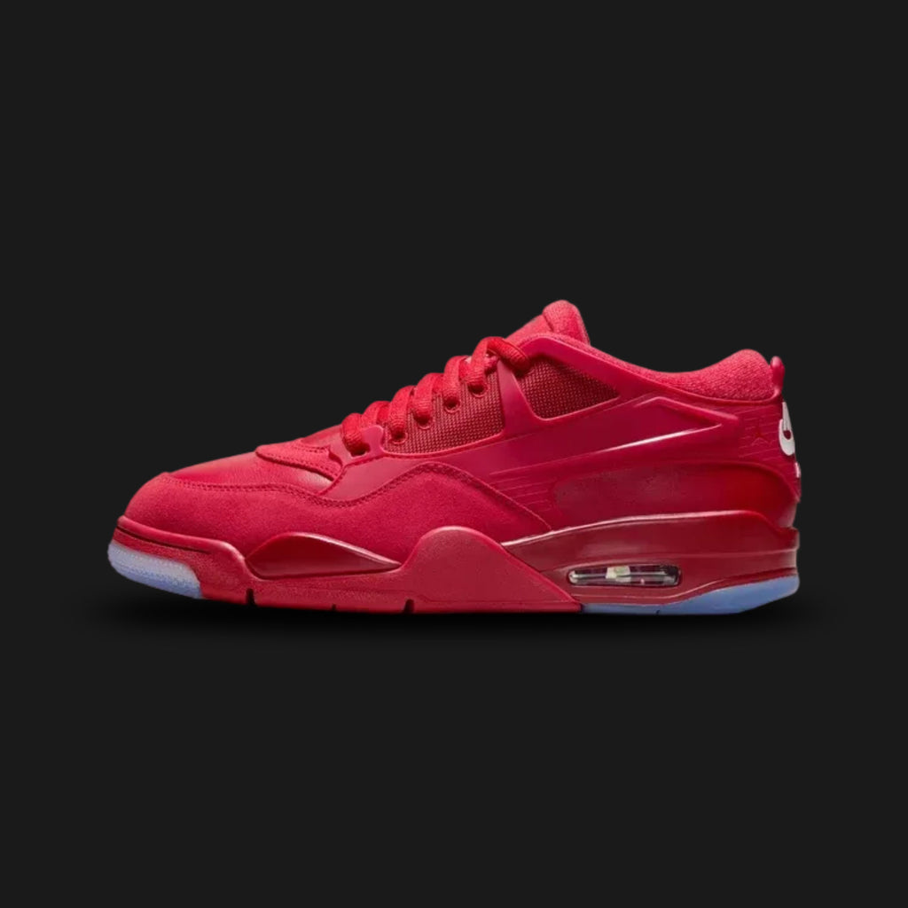 Air Jordan 4 RM lifestyle shoes in Varsity Red, Blue Tint, Black, and White (Design Code: FQ7939-601). Featuring a striking monochromatic Varsity Red upper constructed from premium leather, suede, and mesh. Wrapped in a flexible, integrated midfoot cage for durability and accented by an icy Blue Tint translucent outsole. Built with a visible Max Air unit in the heel for all-day comfort. Luxuntique offers 100% authentic Air Jordan sneakers at the lowest price in Sri Lanka.