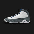 Air Jordan 9 Retro 'Cool Grey' in White, Flint Grey, and French Blue (HV4794-100). Features a minimalistic premium White leather upper with rich Flint Grey nubuck overlays. Includes the signature one-pull lacing system, French Blue accents on the tongue and embroidered '23' heel logo, and a jagged grey polyurethane midsole. Luxuntique guarantees 100% authentic Jordan Brand footwear in Sri Lanka.