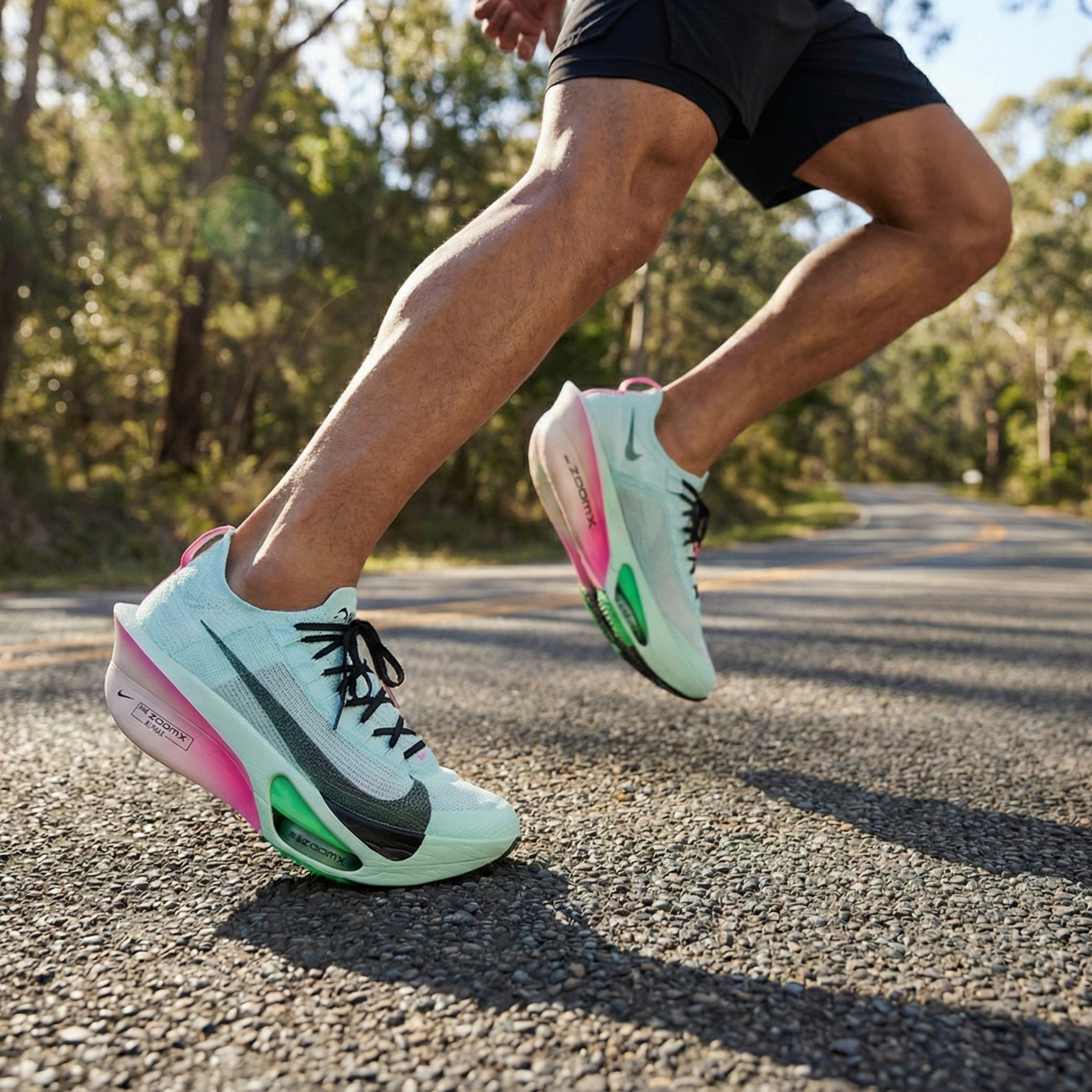 A person running on a road wearing Nike Alphafly 3 shoes with a blurred natural background in Sri Lanka