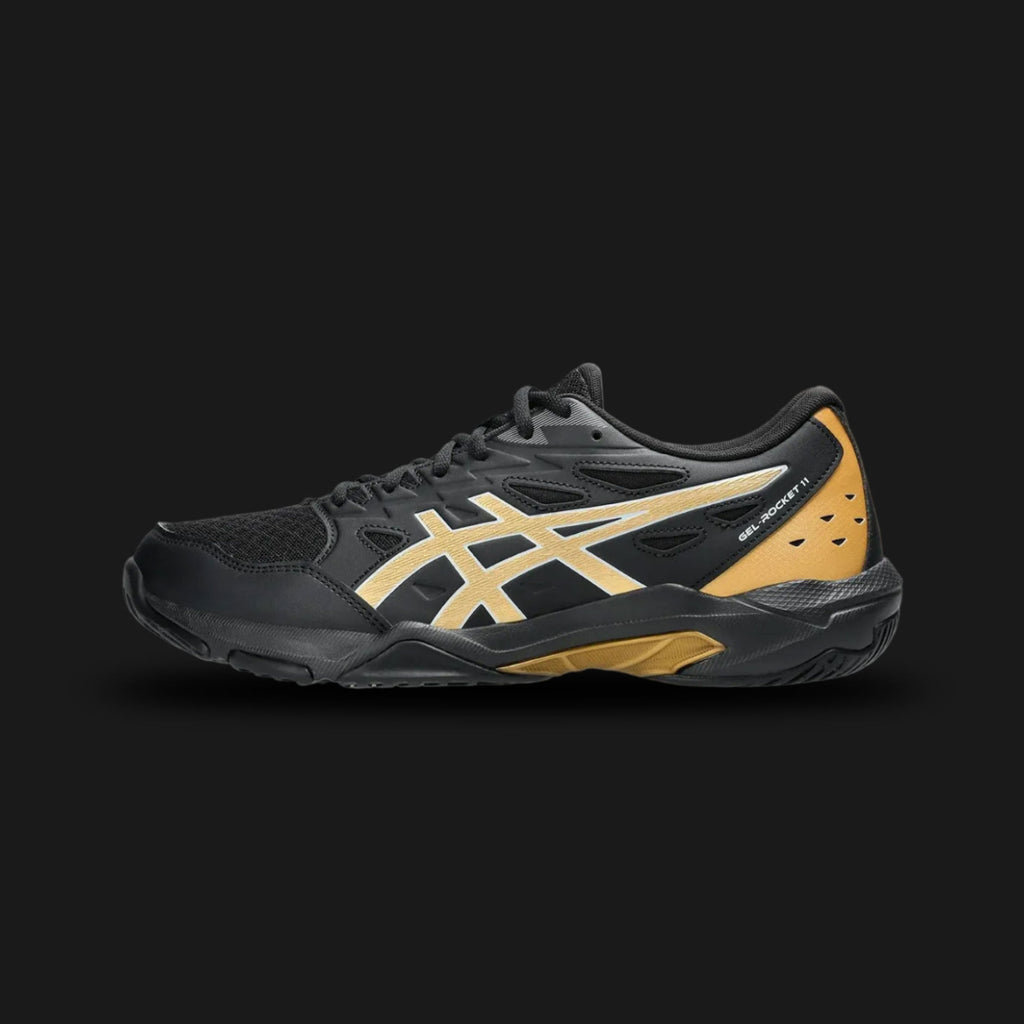 Black and gold Asics GEL-ROCKET 11 athletic shoe (Design Code: 1071A091-005). Luxuntique offers 100% authentic ASICS volleyball and badminton sneakers at the lowest price in Sri Lanka.
