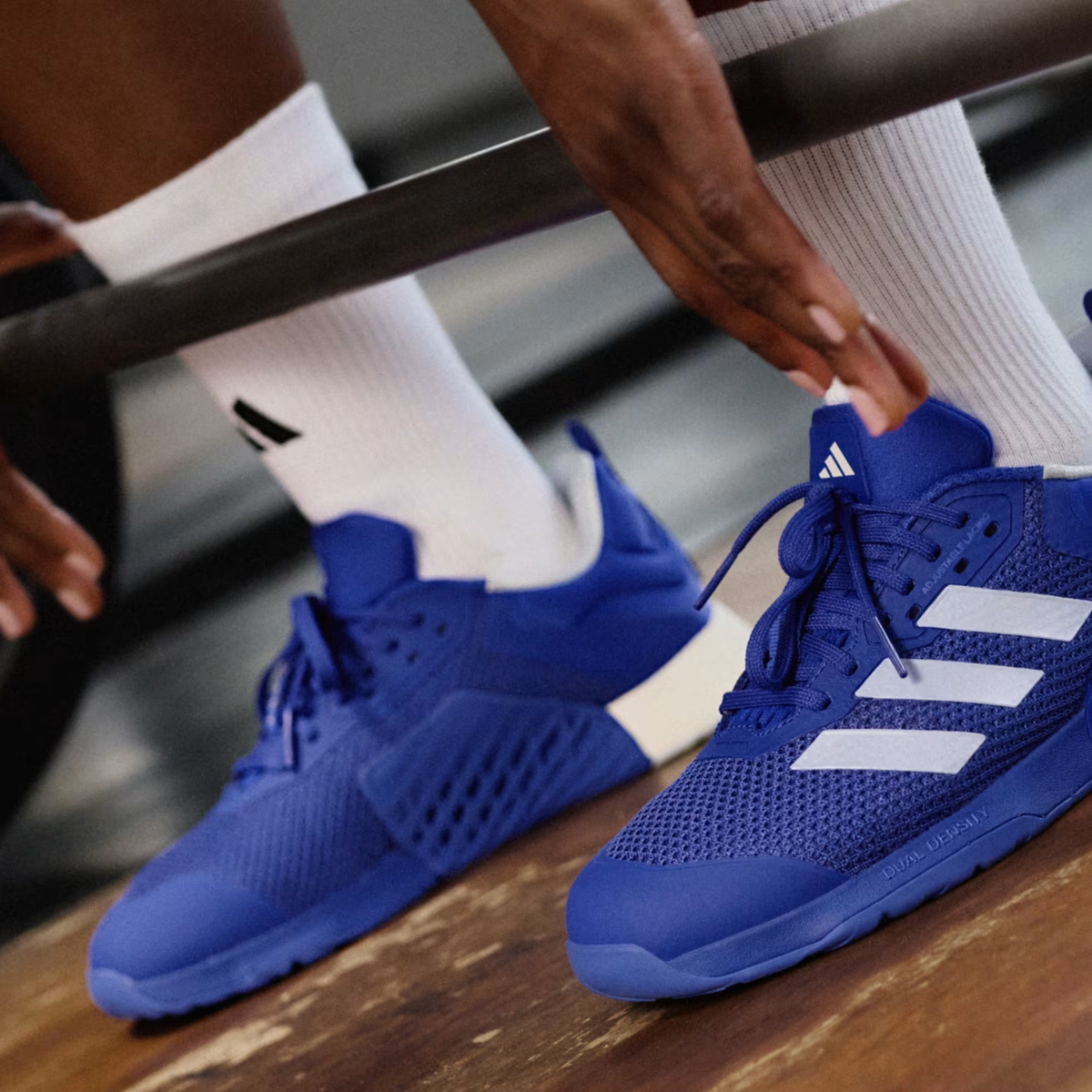 Adidas Dropset 3 ID8636 - Additional Lifestyle Detail Shot showing Lucid Blue Dropset 3 in gym training environment