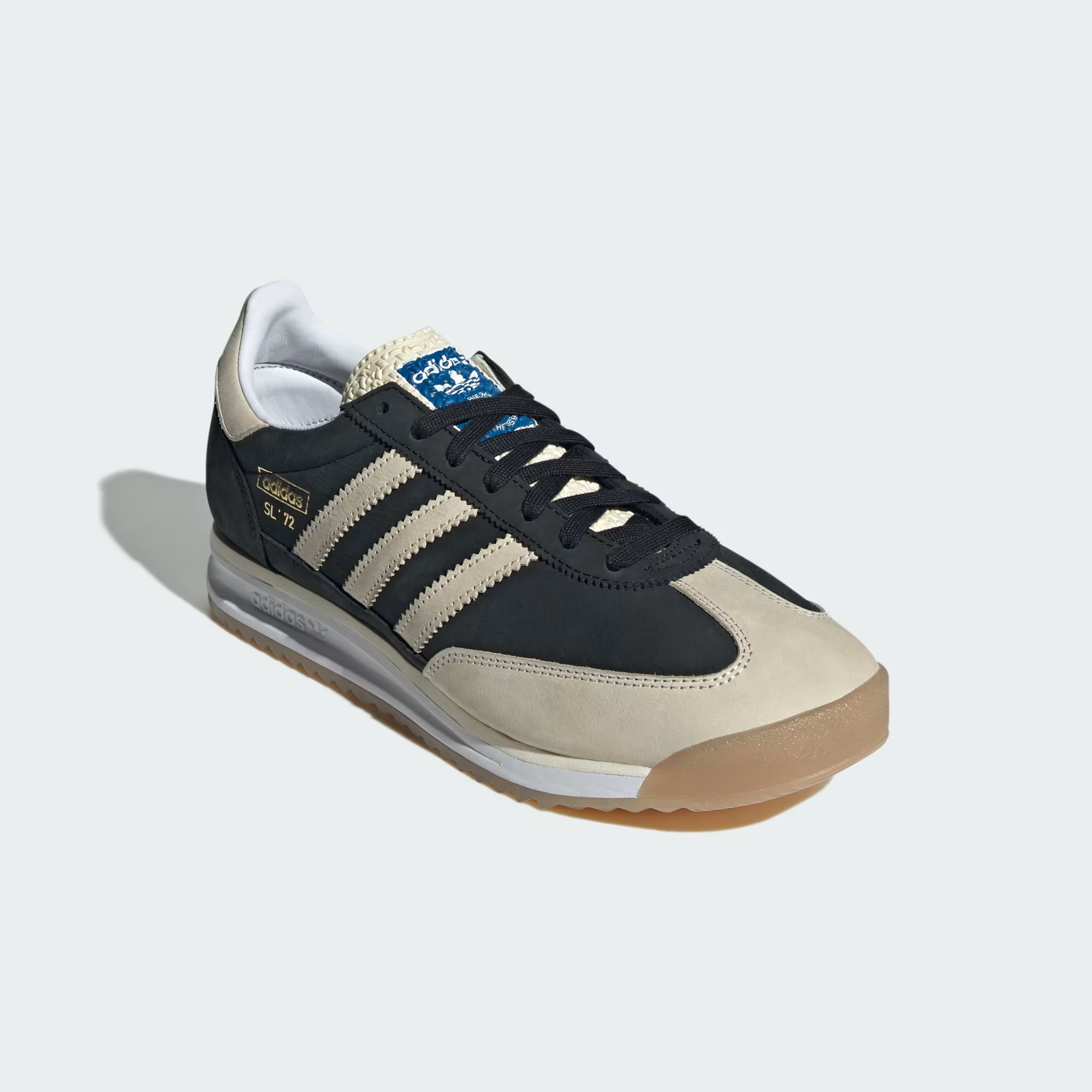 Adidas SL 72 RS JS3994 - Rear 3/4 Shot showing Core Black Nylon Upper, Cream Suede Heel Counter, Gold Adidas SL 72 Badge, Cream Three Stripes & White Midsole with Gum Outsole