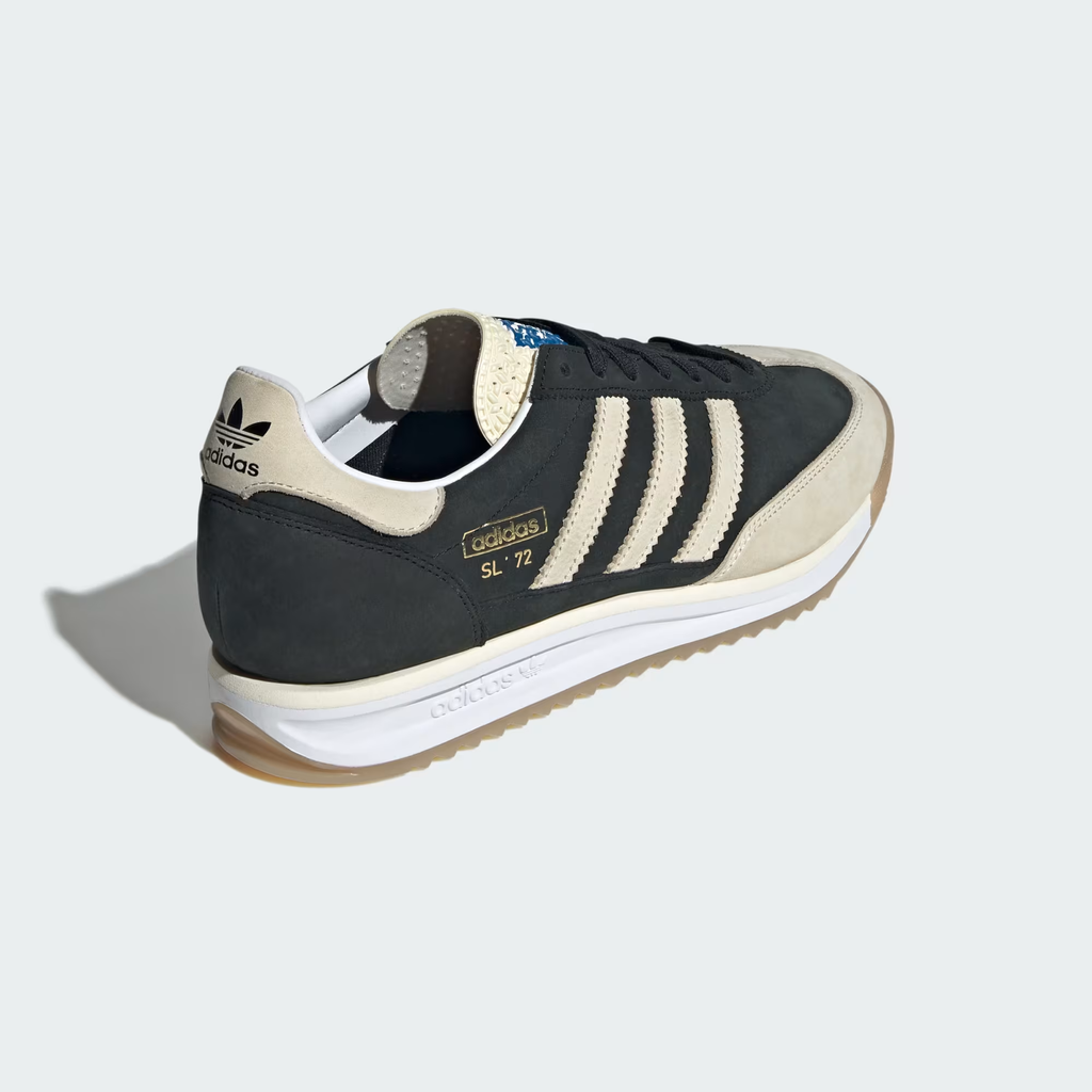Adidas SL 72 RS JS3994 - Clean Lateral Profile in Core Black/Cream White showing Full Heritage Silhouette, Cream Three Stripes, Cream Suede Toe Box Overlay, Blue Tongue Tab & White Midsole with Gum Outsole