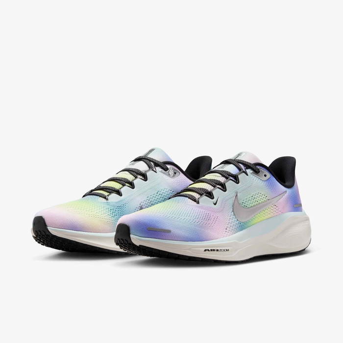 Nike Pegasus 41 SE HJ7816-400 - Rear Heel Pair Shot showing Iridescent Gradient Heel & Cream Phantom White Midsole