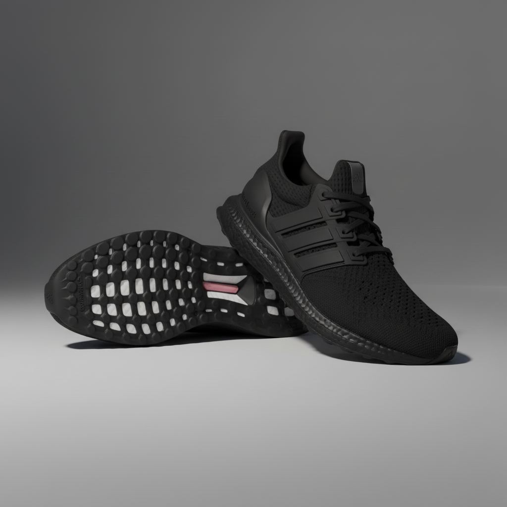 Black Adidas ULTRABOOST 1.0 sneakers on a gray background