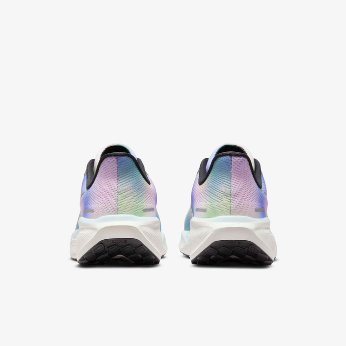 Nike Pegasus 41 SE HJ7816-400 - Forefoot Close-up showing Metallic Silver Swoosh, Black Rope Laces & Iridescent Mesh Texture