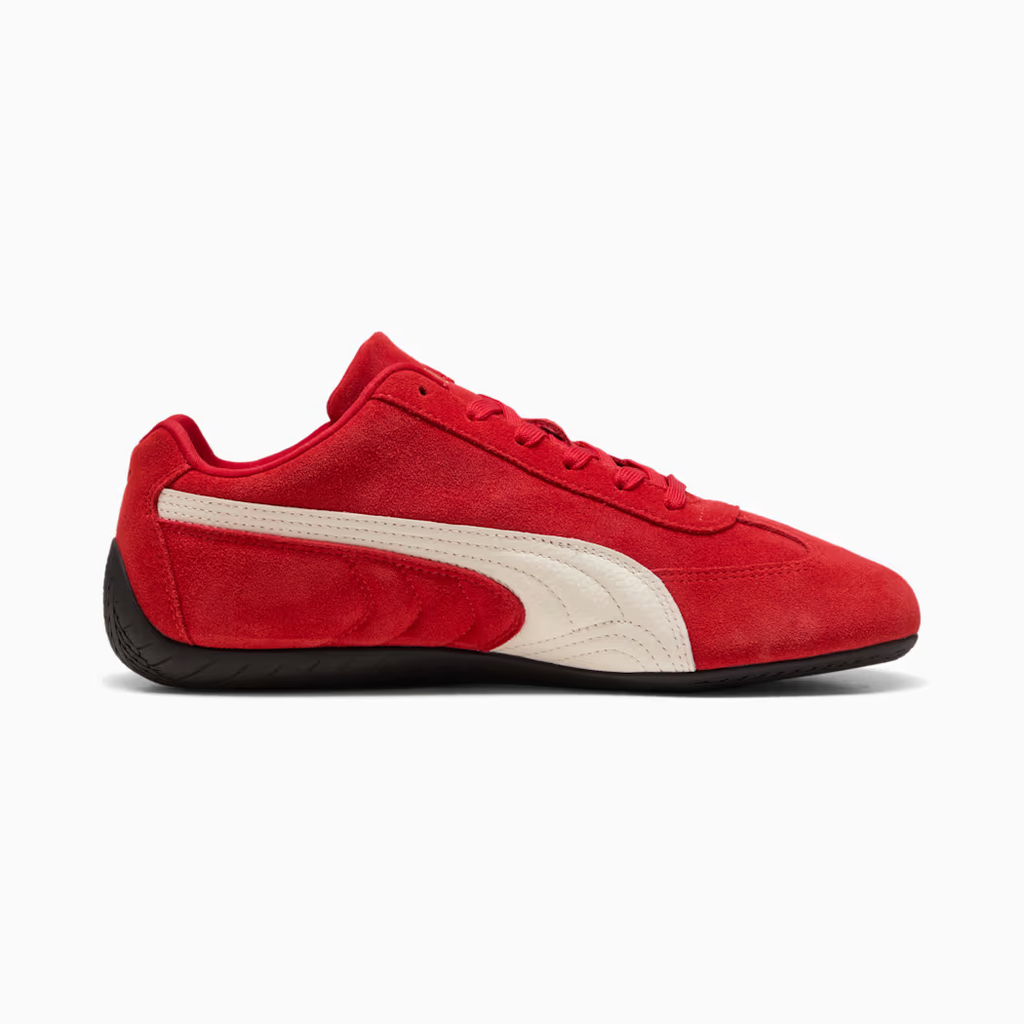 PUMA Speedcat 406329_02 - Clean Medial Profile on White Background showing Full For All Time Red Suede Silhouette, PUMA White Leather Formstripe, Low-Profile Flat Midsole & Black Rubber Outsole