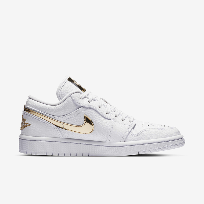 Jordan Air Jordan 1 Low SE CZ4776-100 - Top-Down Pair Shot showing Gold Jumpman Tongue Tab & Gold Mirror Heel Tab