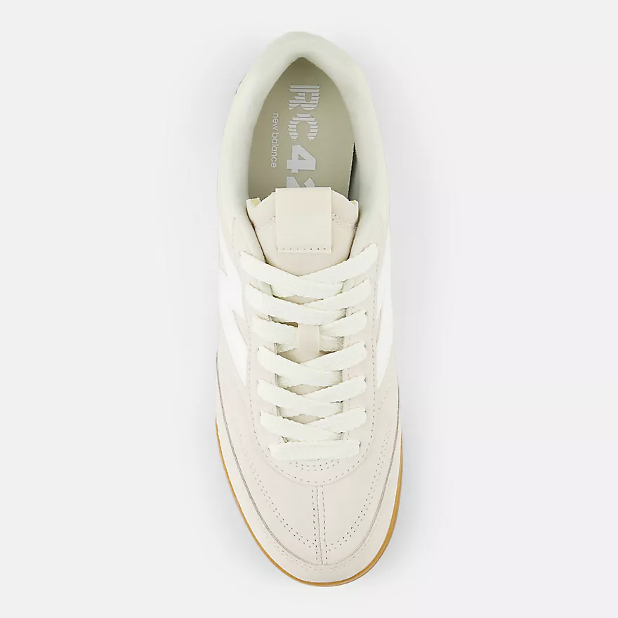 New Balance RC42 URC42EA - Top-Down View on Light Grey Background showing Linen Suede Upper, Flat Linen Laces with 5-Eyelet Lacing System, RC42 Embossed Insole with New Balance Branding, Perforated Toe Box & Linen Suede Toe Cap
