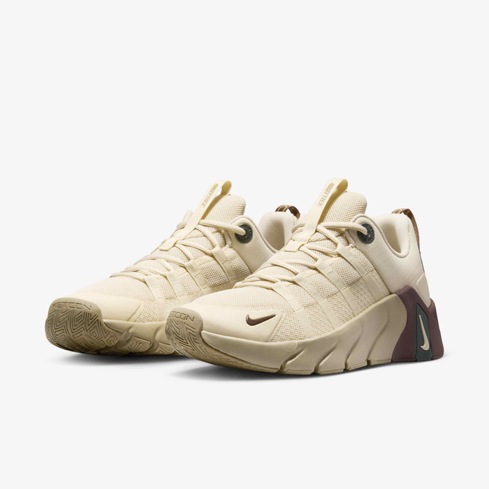 Nike Free Metcon 7 II7405-200 - Rear Pair Shot on White Background showing Light Khaki Upper, Light Chocolate Heel Counter, Woven Metcon Pull Tabs with Geometric Pattern, Perforated Heel Dots & Light Chocolate Midsole
