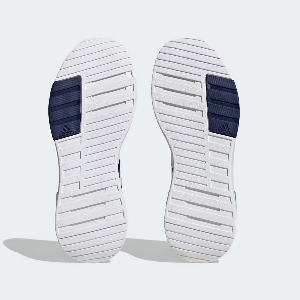 Adidas Racer TR23 IG7325 - Front 3/4 Pair Shot showing Three White Stripes, Air Heel Bubble & White Cloudfoam Midsole