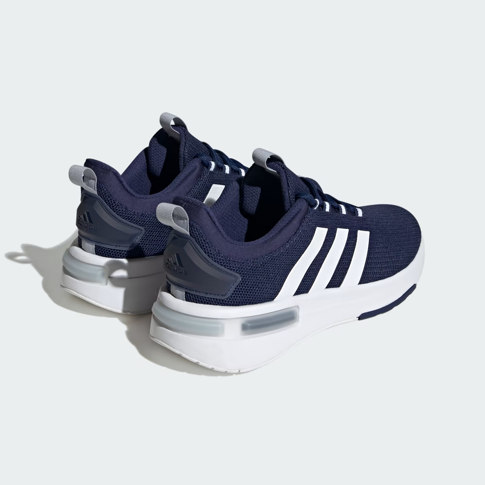Adidas Racer TR23 IG7325 - Clean Lateral Profile in Dark Blue/Cloud White/Halo Silver showing Cloudfoam Midsole Text & Three White Stripes