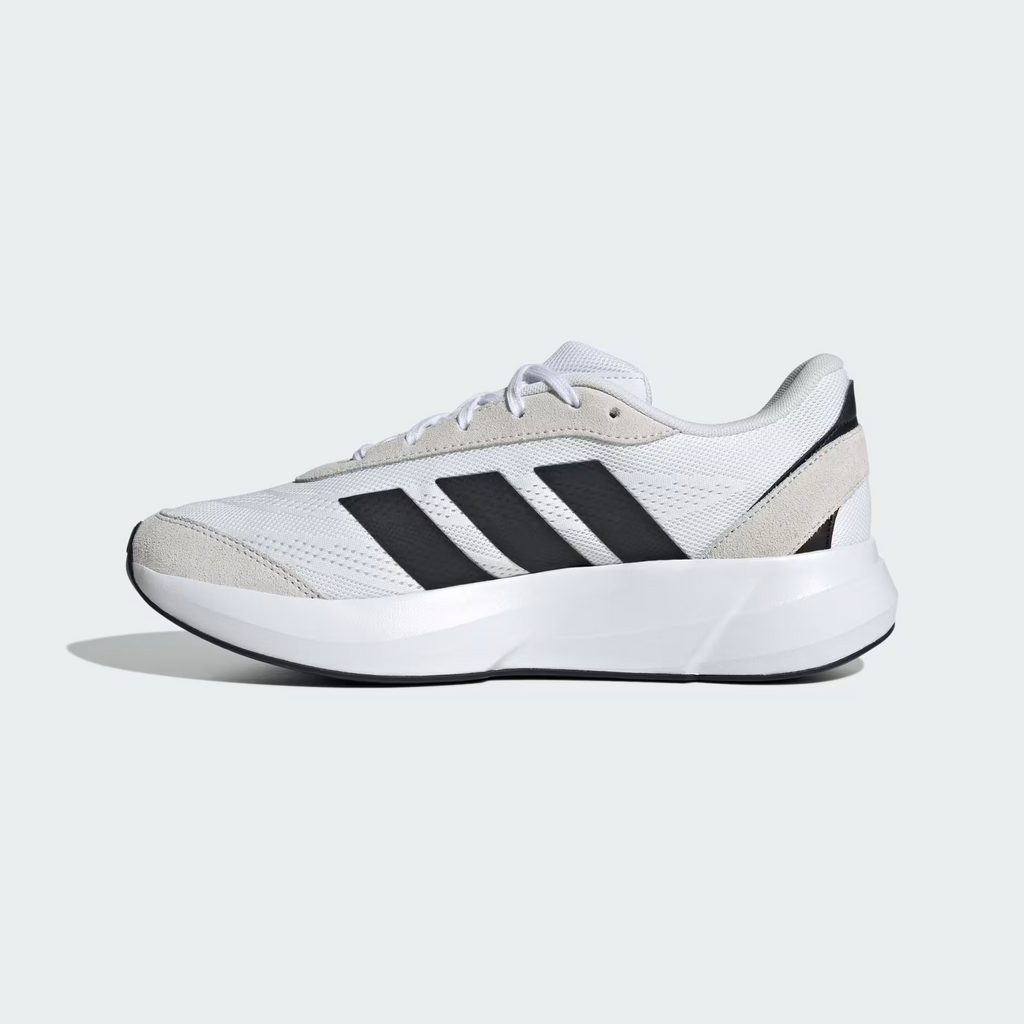Adidas Lightshift JH9317 - Midfoot Close-up showing Black Three Stripes on White Engineered Mesh, Suede Overlay Detail & Lightmotion Text Embossed on White Midsole