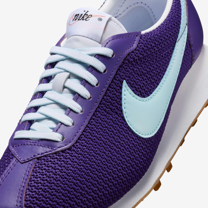 Nike LD-1000 SE IH2128-500 - Heel Close-up showing Purple Leather Quarter Panel, Glacier Blue Collar & Gum Hex Waffle Outsole Pods