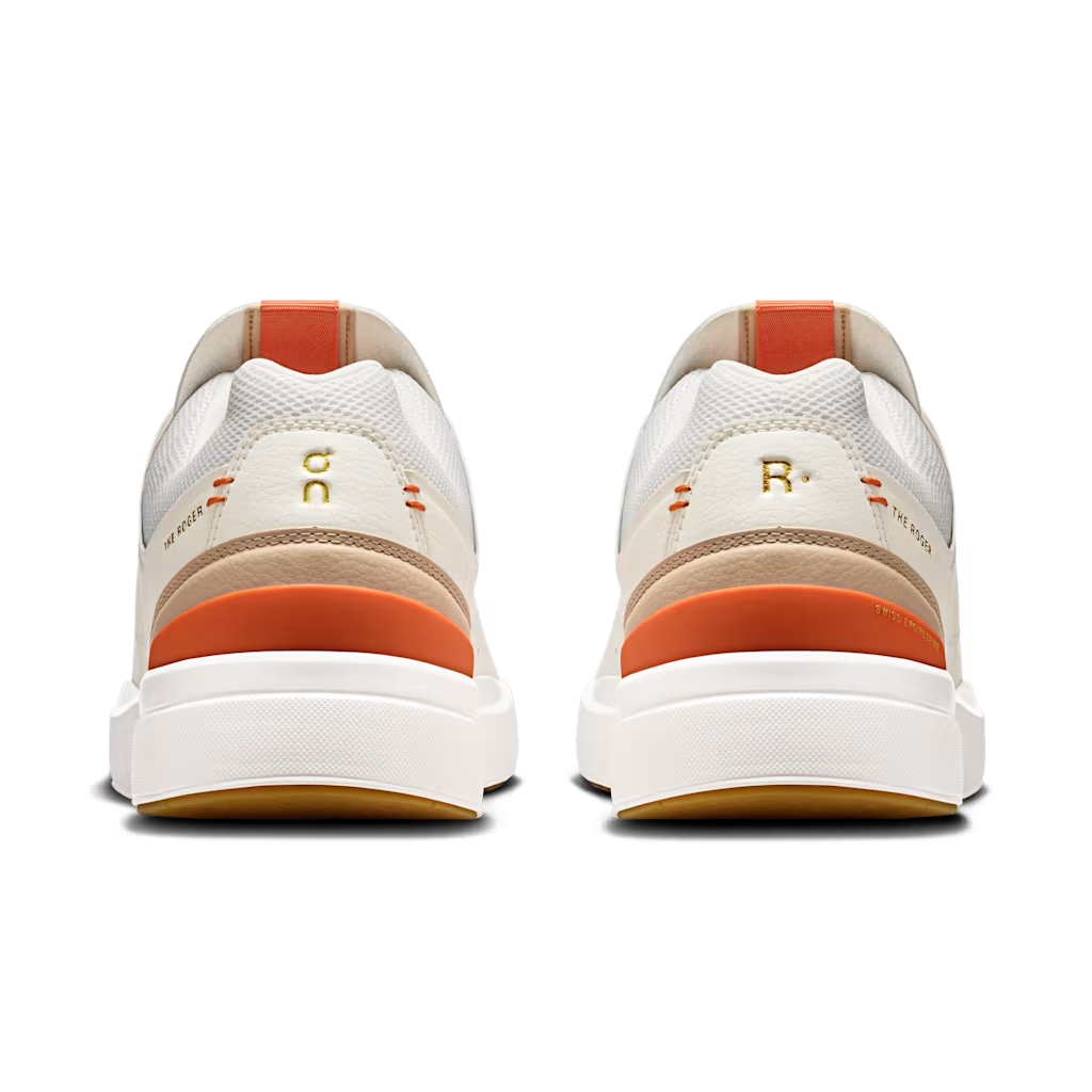 On The Roger Centre Court 3MD11270256 - Rear Pair Shot showing Gold On & R. Branding, Flame Heel Stripe, Tan Suede Overlay & White Midsole
