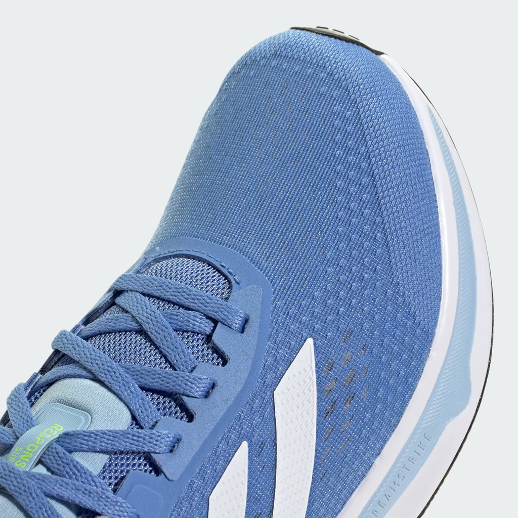 Adidas Response Super JQ2527 - Heel & Midsole Close-up showing Blue Fusion Mesh, White Three Stripes Detail, Light Blue Padded Collar & Layered White Midsole with Glow Blue Outsole