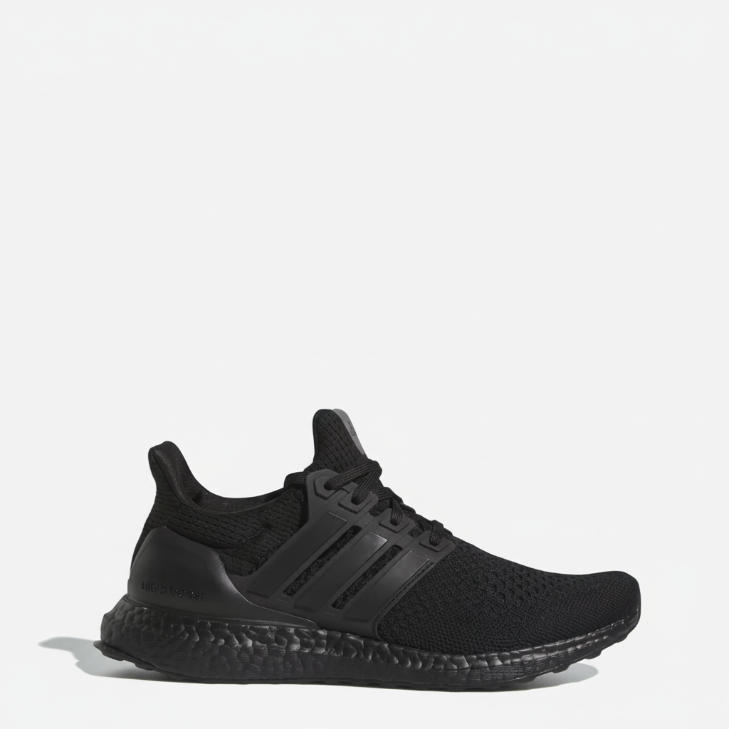 Black Adidas ULTRABOOST 1.0 sneaker on a light gray background
