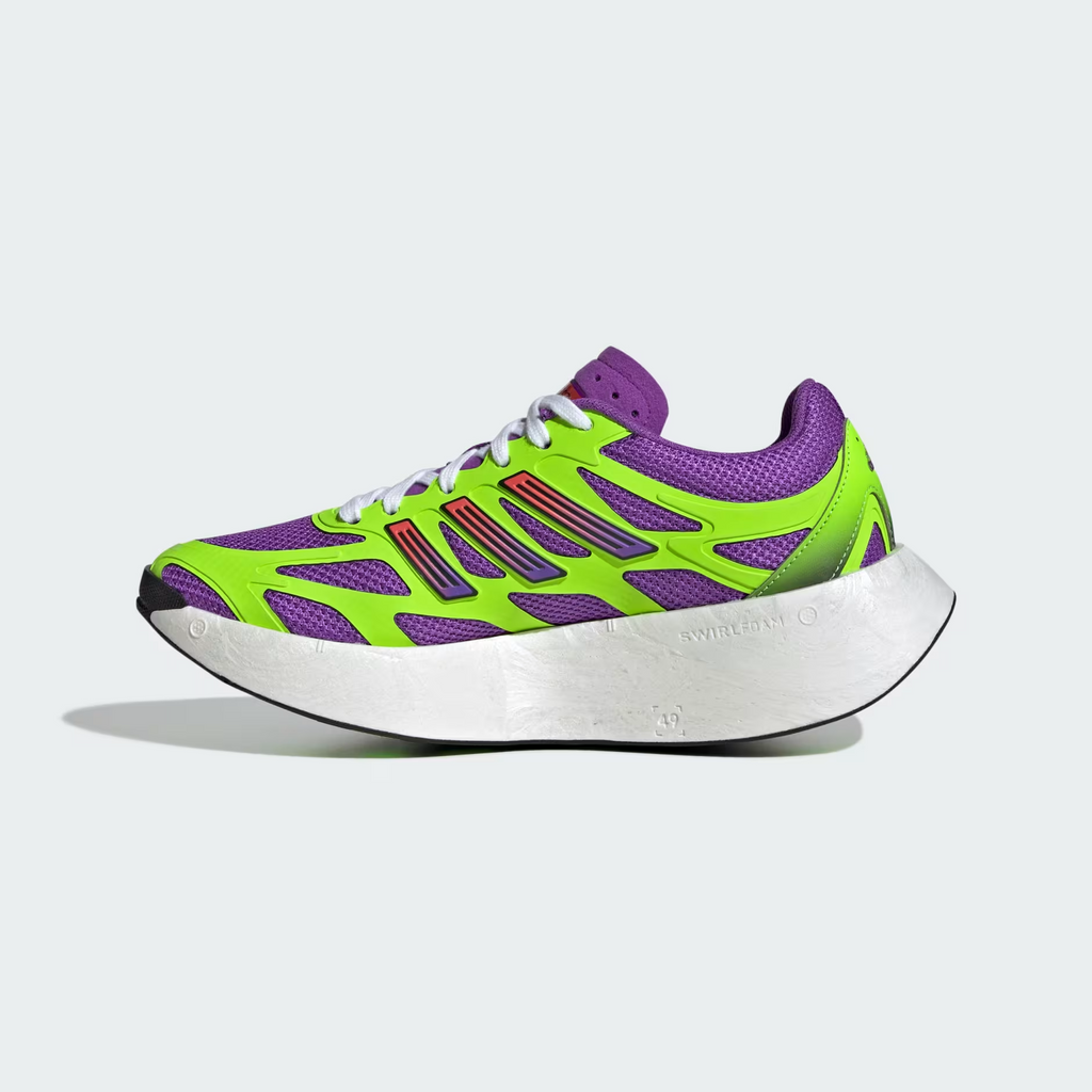 Adidas Adizero Aruku JP5566 - Lateral Forefoot Close-up showing Active Purple Mesh Upper, Solar Green Exoskeleton Frame, Purple-to-Red Gradient Three Stripes Detail, Adizero Tongue Badge, White Flat Laces & White Swirl-Foam Midsole