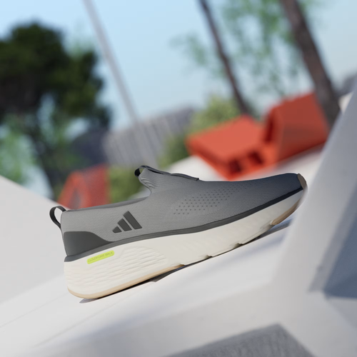 Adidas Cloudfoam Go Lounger ID4021 - Lateral Profile on White Ledge in Grey Three/Core Black showing Knit Mesh Upper, Dark Grey Three Stripes, Black Toe Cap, Neon Yellow Cloudfoam Walk Branding & Chunky Off White Midsole