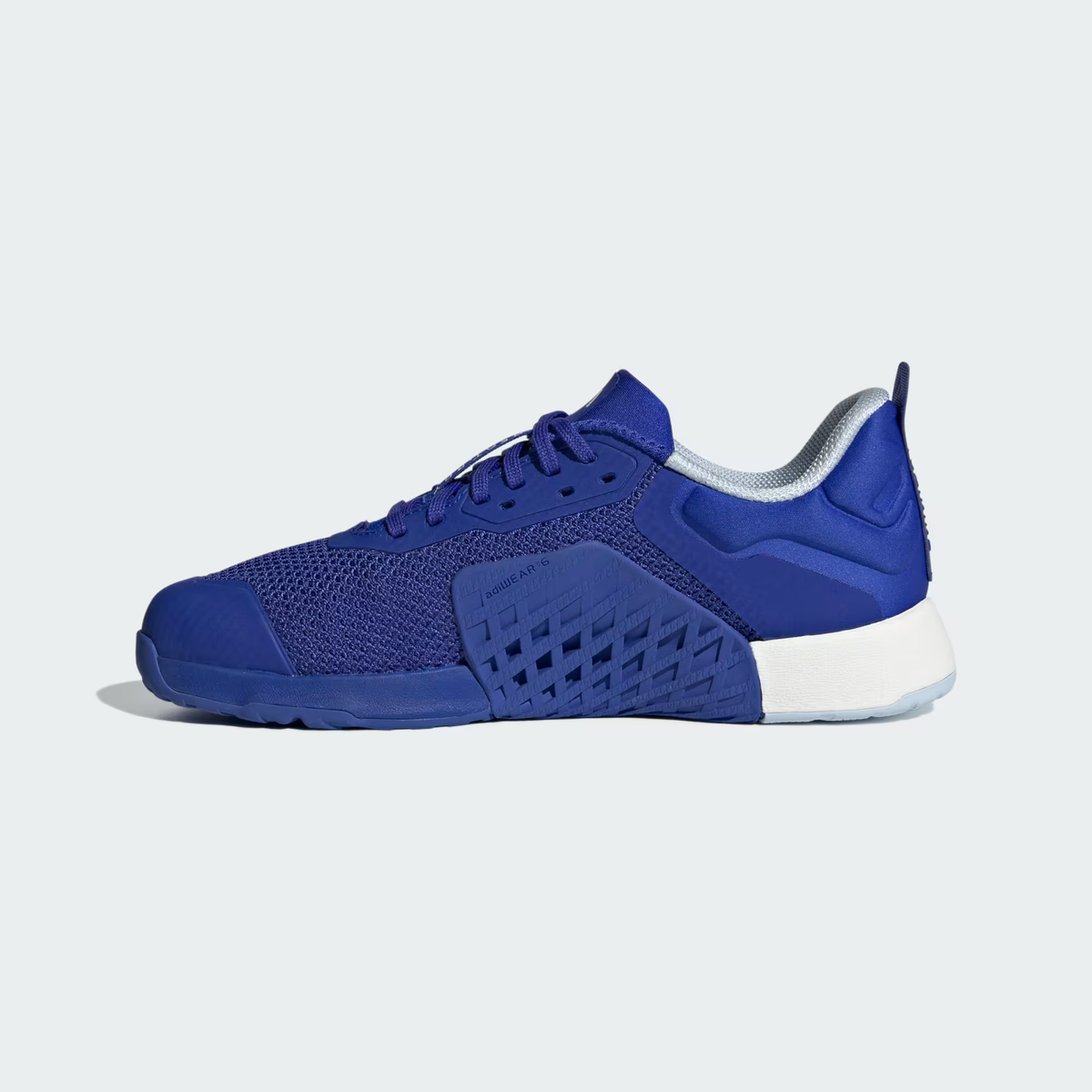 Adidas Dropset 3 ID8636 - Forefoot HEAT.RDY Knit & Three Stripes Close-up showing Lucid Blue Waffle-Knit Mesh Texture on Toe Box, Blue Spark Metallic Three Stripes Lower Stripe Detail on Lateral Midfoot, HEAT.RDY Text on Tongue, Blue Lace System & Lucid Blue Rubber Toe Cap Bumper