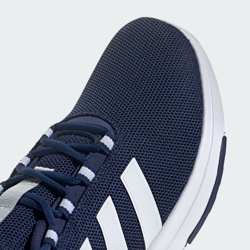 Adidas Racer TR23 IG7325 - Heel Close-up showing Grey Pull Tabs with Adidas Logo, Navy Padded Collar & Air Bubble Pod
