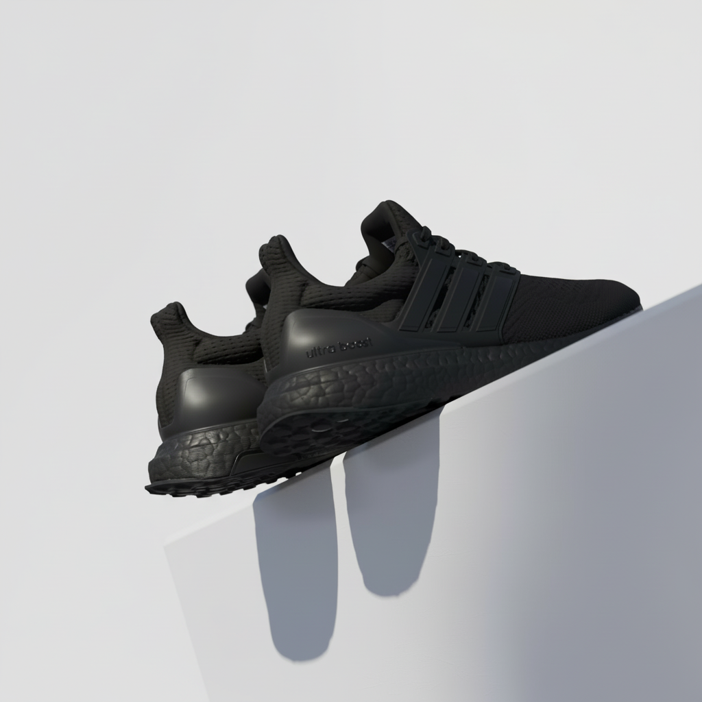 Black Adidas ULTRABOOST 1.0 sneakers on a white surface with a blurred outdoor background