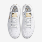 Jordan Air Jordan 1 Low SE CZ4776-100 - Front 3/4 Pair Shot showing Metallic Gold Swoosh & Gold Heel Tab