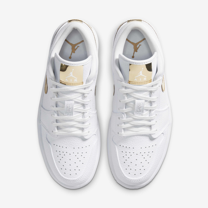 Jordan Air Jordan 1 Low SE CZ4776-100 - Front 3/4 Pair Shot showing Metallic Gold Swoosh & Gold Heel Tab