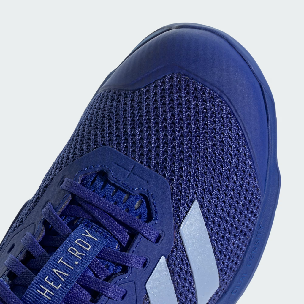 Adidas Dropset 3 ID8636 - Lateral Profile Lifestyle Shot showing Lucid Blue HEAT.RDY Knit Upper, Blue Spark Metallic Three Stripes, Structured Heel Counter, Adiware Diamond-Grid Heel Cage & Chalk White Dual Density Midsole Heel Wedge in training context