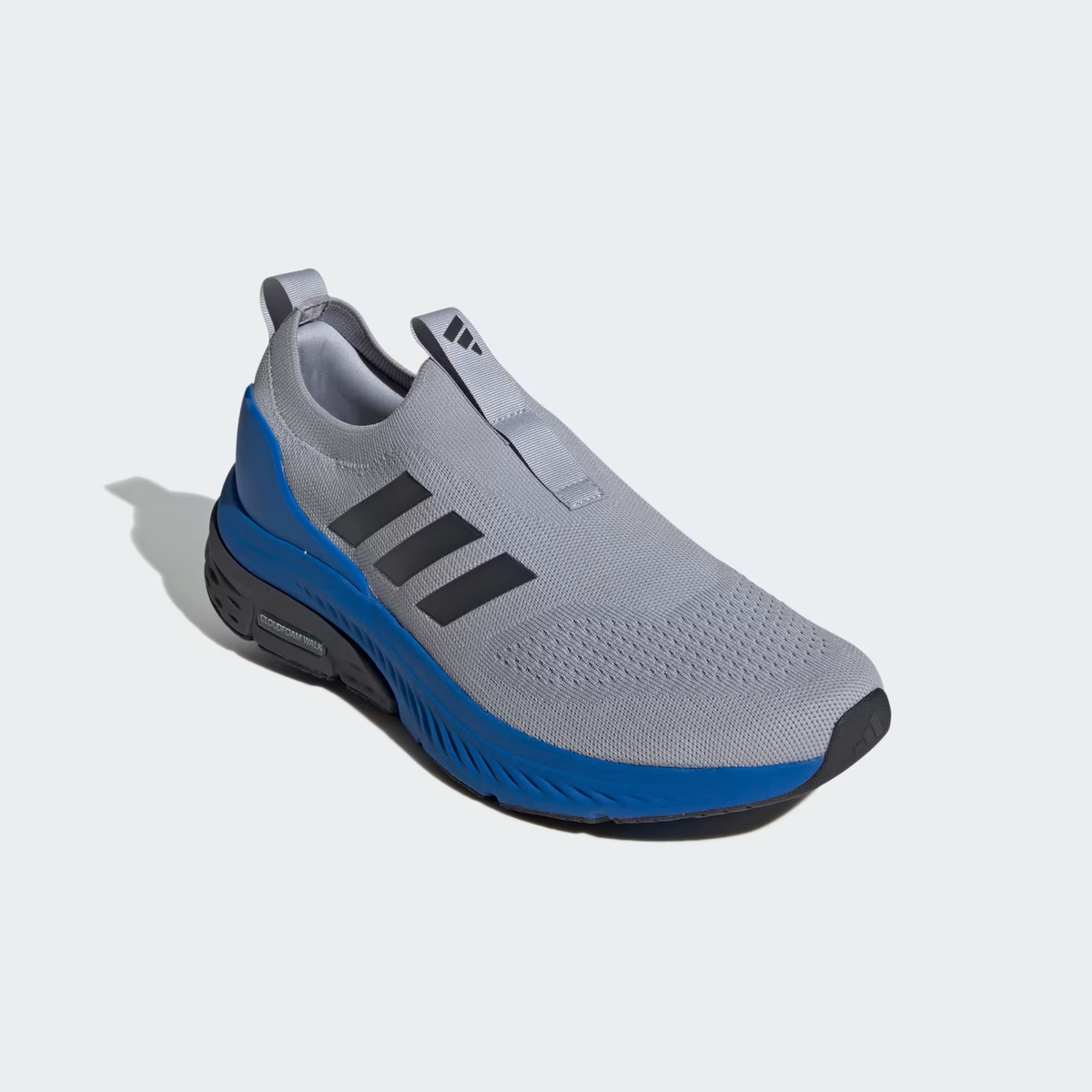 Adidas Cloudfoam Walk Sock ID4065 - Rear 3/4 Shot on Light Grey Background showing Halo Silver Engineered Knit Upper, Grey Six Three Stripes on Lateral Quarter Panel, Wide-Opening Collar, Heel Pull Tab, Cloudfoam Walk Text on Bright Royal Midsole & Black Rubber Outsole