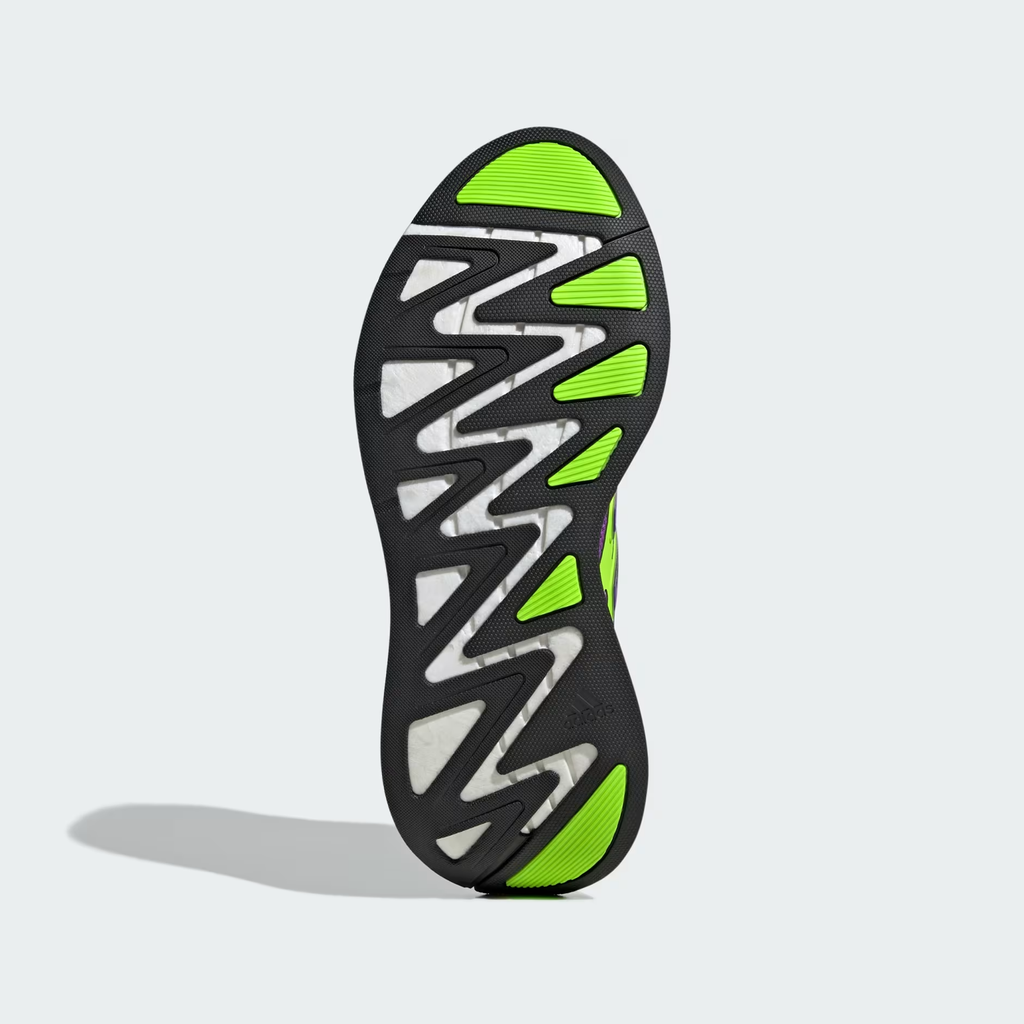 Adidas Adizero Aruku JP5566 - Clean Lateral Profile on White Background in Active Purple/Solar Green showing Mesh Upper, Solar Green Exoskeleton Frame, Purple-to-Red Gradient Three Stripes, White Laces & Chunky White Swirl-Foam Midsole