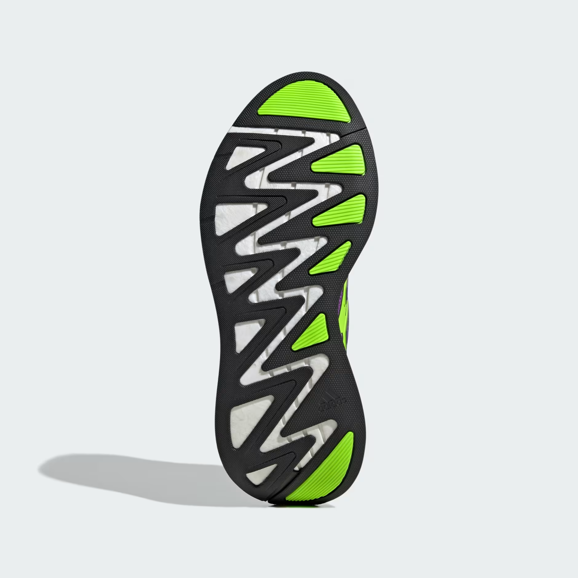 Adidas Adizero Aruku JP5566 - Clean Lateral Profile on White Background in Active Purple/Solar Green showing Mesh Upper, Solar Green Exoskeleton Frame, Purple-to-Red Gradient Three Stripes, White Laces & Chunky White Swirl-Foam Midsole