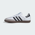 Adidas Samba OG B75806 - Toe Box & Forefoot Close-up showing Clear Granite Suede Toe Cap Texture, Cloud White Full-Grain Leather Upper, White Flat Laces, Core Black Three Stripes Base & Blue Adidas Originals Tongue Label