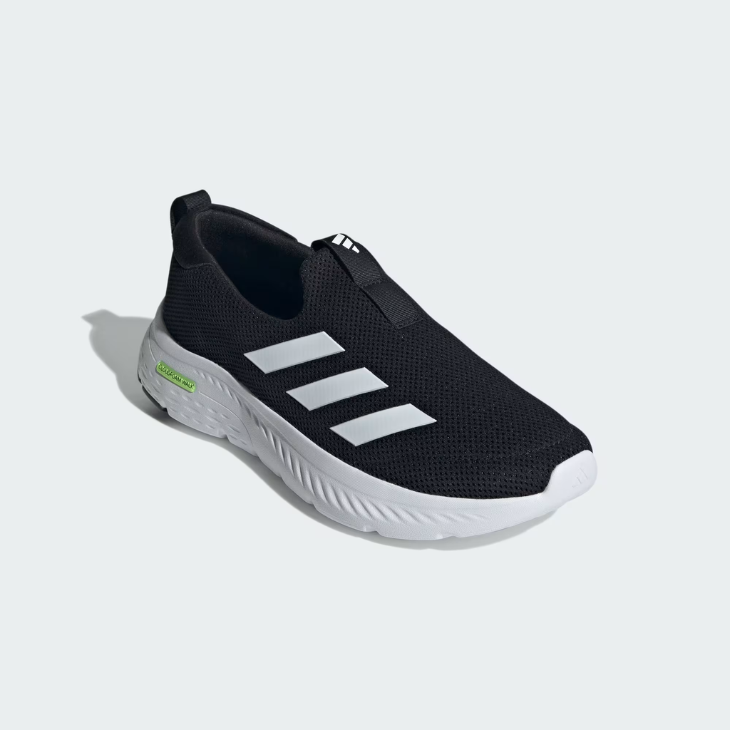 Adidas Cloudfoam Move Lounger ID6512 - Rear 3/4 Shot on Light Grey Background showing Core Black Engineered Mesh Upper, Cloud White Three Stripes on Lateral Quarter Panel, Wide-Opening Collar, Rear Pull Tab, Hi-Res Yellow-Green Cloudfoam Walk Text on White Midsole & Black Rubber Outsole