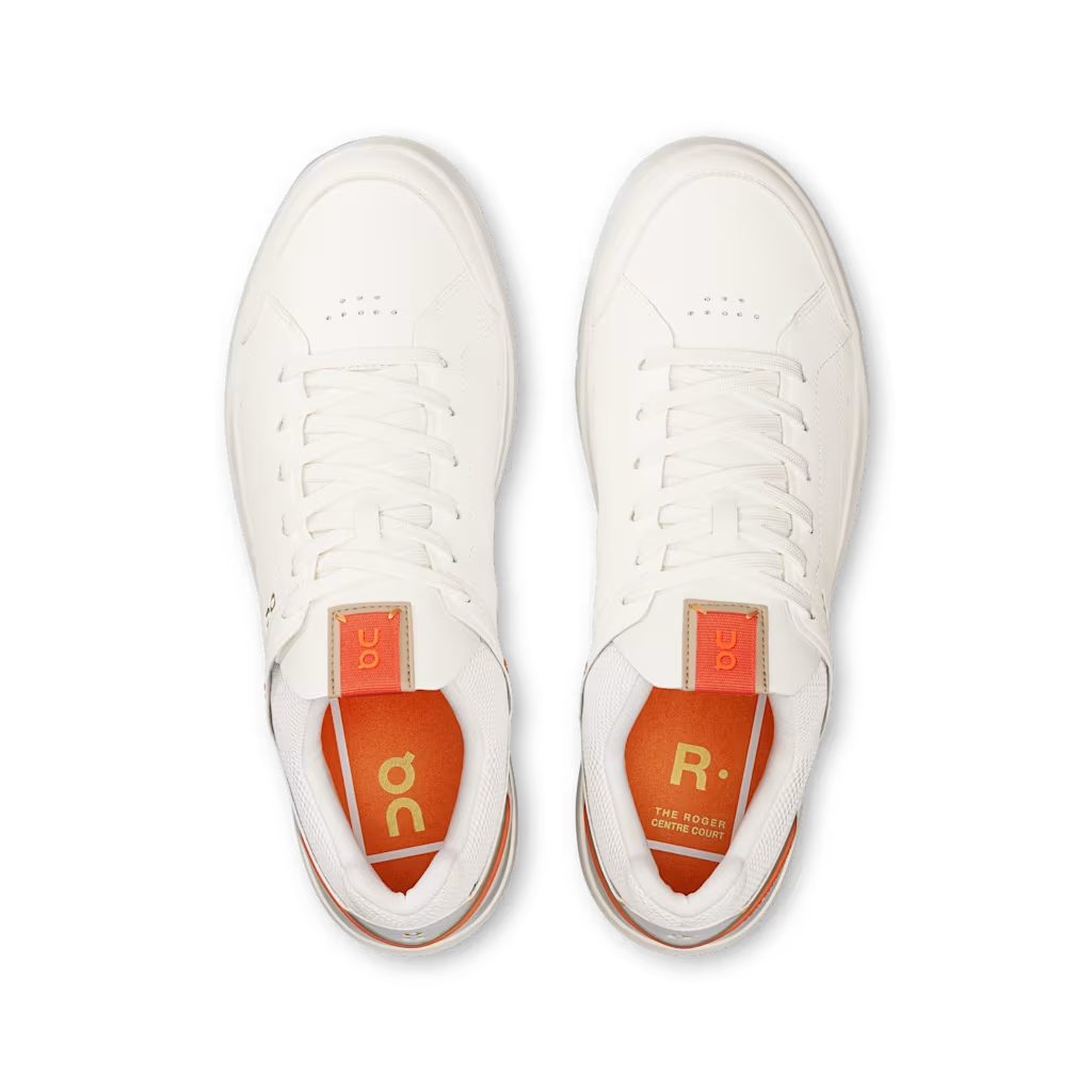 On The Roger Centre Court 3MD11270256 - Top-Down Pair Shot showing Orange Insole with Gold R. Branding, On Logo Pull Tab & White Leather Upper