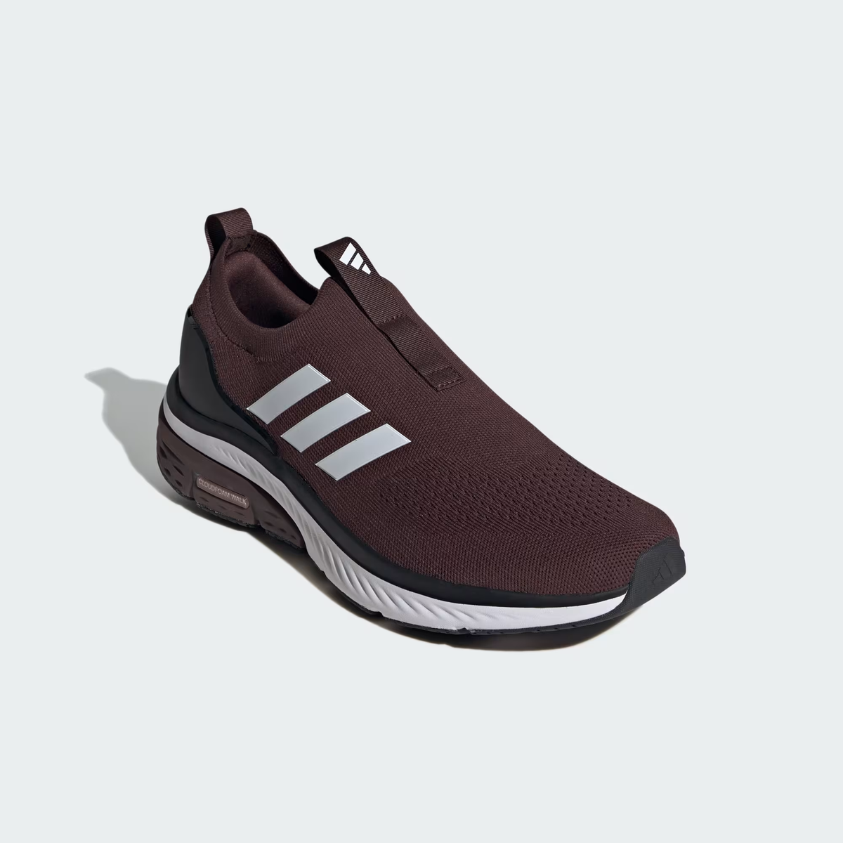 Adidas Cloudfoam Walk Sock ID4063 - Rear 3/4 Shot on Light Grey Background showing Shadow Brown Engineered Knit Upper, Cloud White Three Stripes on Lateral Quarter Panel, Wide-Opening Collar, Core Black Heel Counter, Rear Pull Tab, Cloudfoam Walk Text on Shadow Brown Midsole & Black Rubber Outsole