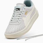 Puma GV Special 401385_01 - Lateral Forefoot Close-up showing Gold Puma Cat & GV Special Text, White Formstrip, Perforated Leather & Ice Blue Laces