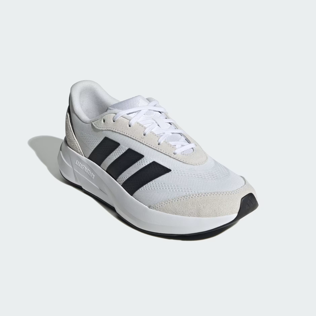 Adidas Lightshift JH9317 - Rear 3/4 Shot showing Cloud White Engineered Mesh Upper, Bold Black Three Stripes on Lateral, Suede Heel Overlay & White Midsole Stack