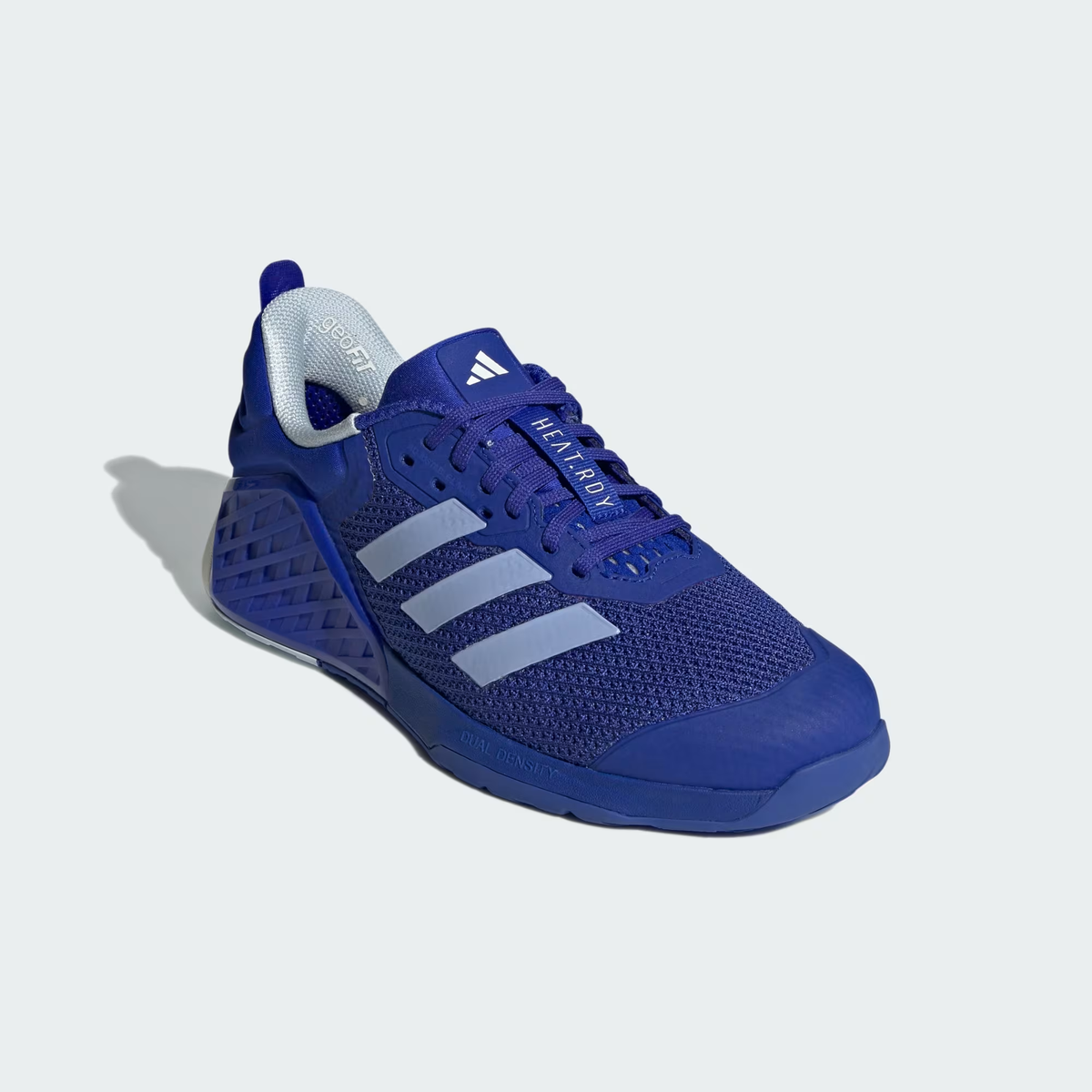 Adidas Dropset 3 ID8636 - Clean Medial Profile on Light Grey Background showing Lucid Blue HEAT.RDY Engineered Knit Upper, Adiware Diamond-Grid Lateral Heel Cage Overlay, Structured Heel Counter with Chalk White Collar Lining, Chalk White Dual Density Midsole Heel Wedge & Blue Rubber Outsole with Torsion Bar