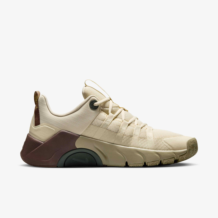 Nike Free Metcon 7 II7405-200 - Top-Down Pair Shot on White Background showing Light Khaki Mesh Upper, Metcon Insole Branding, NikeFree Tongue Text, Tonal Flat Laces & Light Chocolate Heel Counter