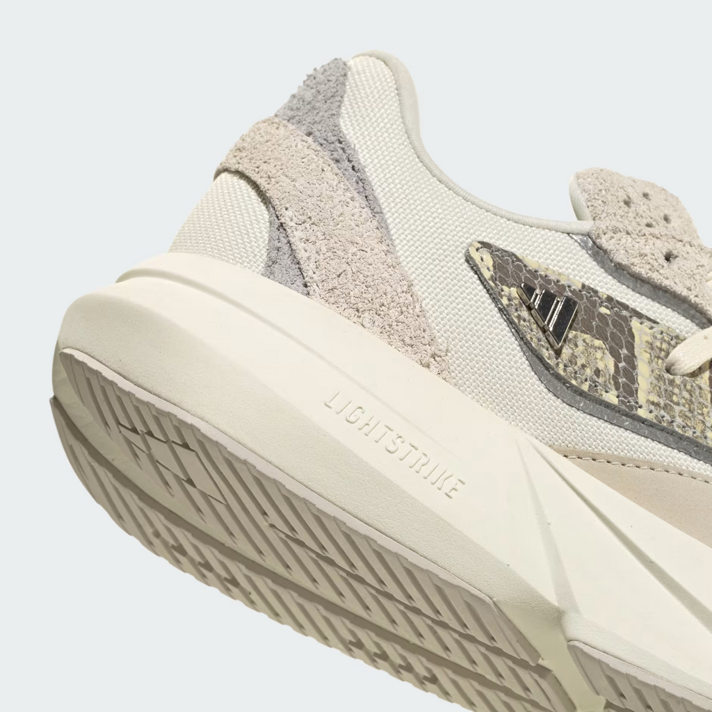 Adidas Lightblaze JQ7221 - Forefoot Close-up showing Snakeskin Textured Mesh Upper, Crinkled Suede Toe Box Overlay, Silver Metallic Three Stripes Badge, Off White Flat Laces & Chunky Off White Lightstrike Midsole