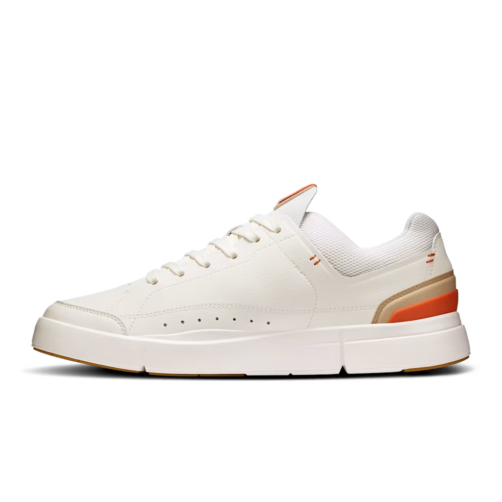 On The Roger Centre Court 3MD11270256 - Clean Lateral Profile in White/Flame showing Premium Leather Upper, Flame Heel Pod & Gum Outsole
