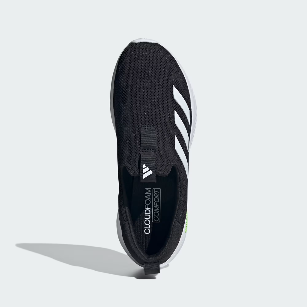 Adidas Cloudfoam Move Lounger ID6512 - Full White Rubber Outsole Top-Down on Light Grey Background showing Diamond Cross-Hatch Traction Pattern, Wavy Flex Groove Channels, Cloudfoam Text Embossed on Heel & Black Rubber Heel Pad