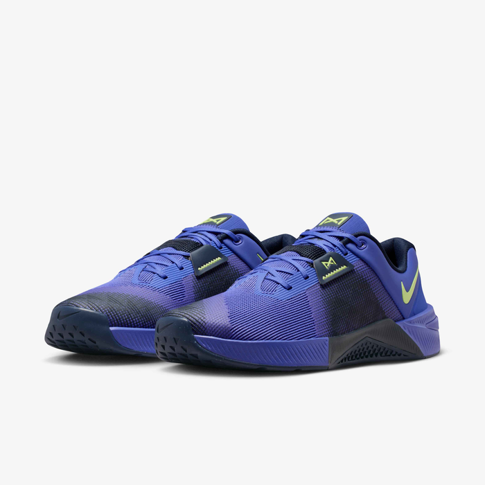 Nike Metcon 10 HJ1875-501 - Lateral Midfoot Close-up showing Persian Violet Engineered Mesh Texture, Light Lemon Twist Swoosh, Obsidian Forefoot Wrap with Rope Climb Texture, Metcon Strap with Lemon Twist Logo & Obsidian Lace Eyelet Detail