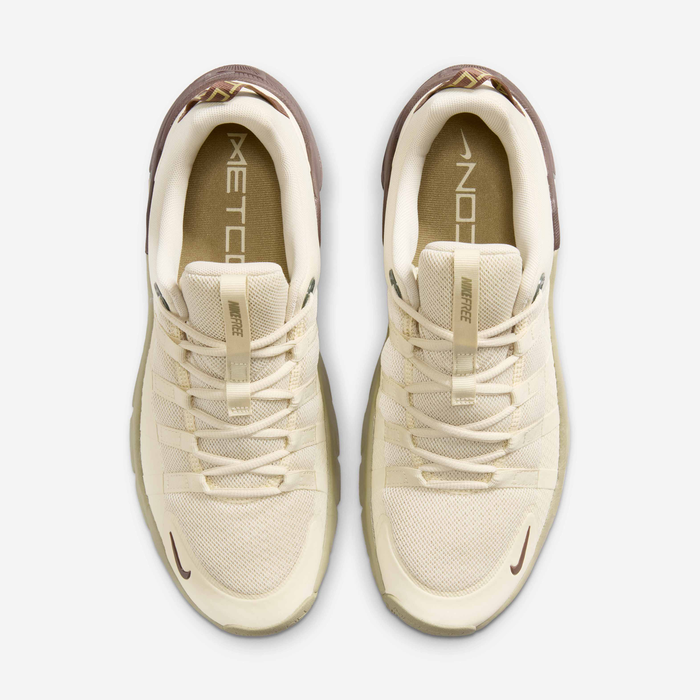 Nike Free Metcon 7 II7405-200 - Front 3/4 Pair Shot on White Background showing Light Khaki Mesh Upper, Tonal Lace System, Olive Swoosh on Lateral, Light Chocolate Heel Counter with Metcon Pull Tab & Gum Rubber Outsole
