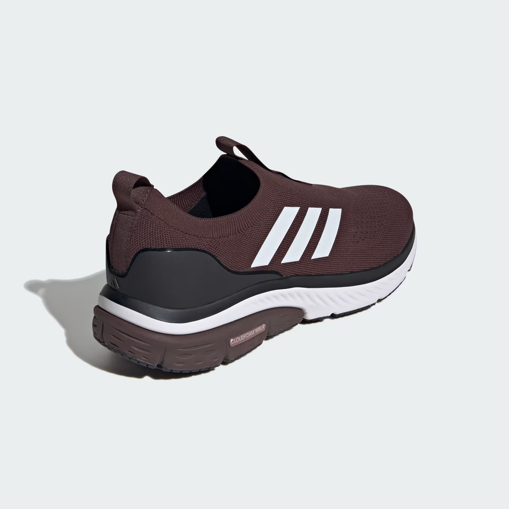 Adidas Cloudfoam Walk Sock ID4063 - Clean Medial Profile on Light Grey Background showing Shadow Brown Engineered Knit Sock Upper, Laceless Slip-On Construction, Front Elastic Band, Medial Pull Tab, Core Black Heel Counter, Cloud White Full-Length Cloudfoam Walk Midsole & Black Rubber Outsole
