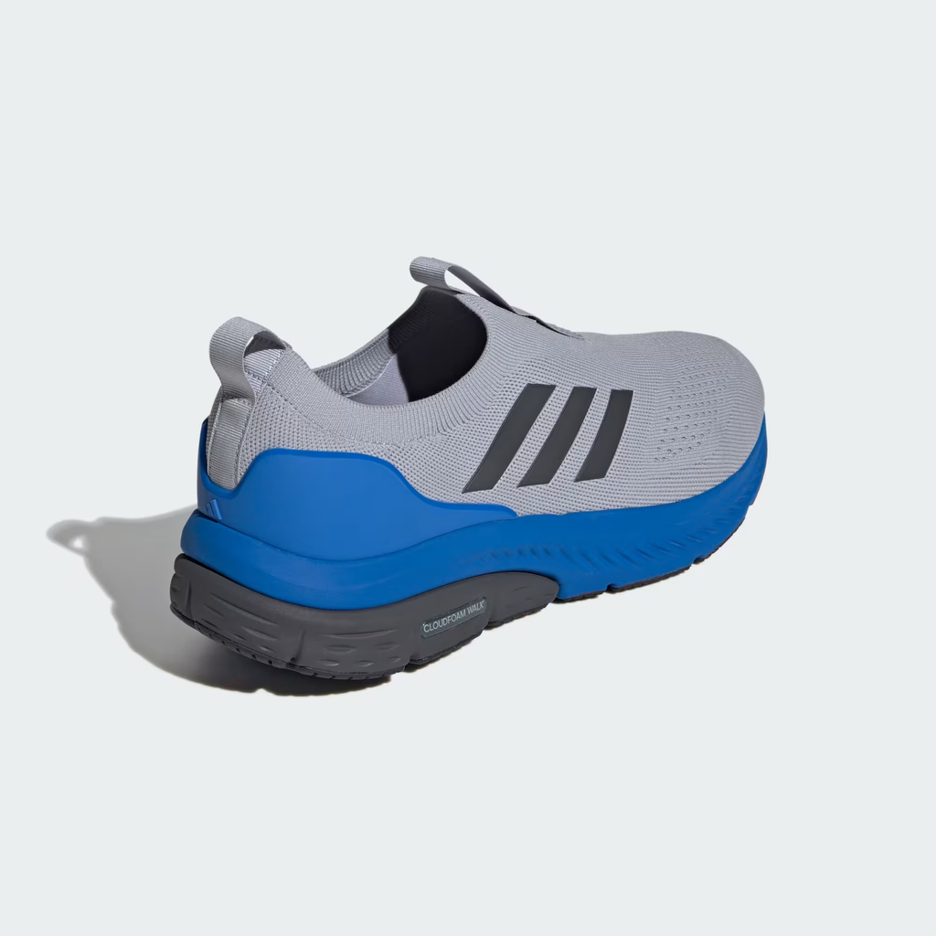 Adidas Cloudfoam Walk Sock ID4065 - Clean Medial Profile on Light Grey Background showing Halo Silver Engineered Knit Sock Upper, Laceless Slip-On Construction, Medial Pull Tab, Bright Royal Full-Length Cloudfoam Walk Midsole with Wave Detail & Black Rubber Outsole
